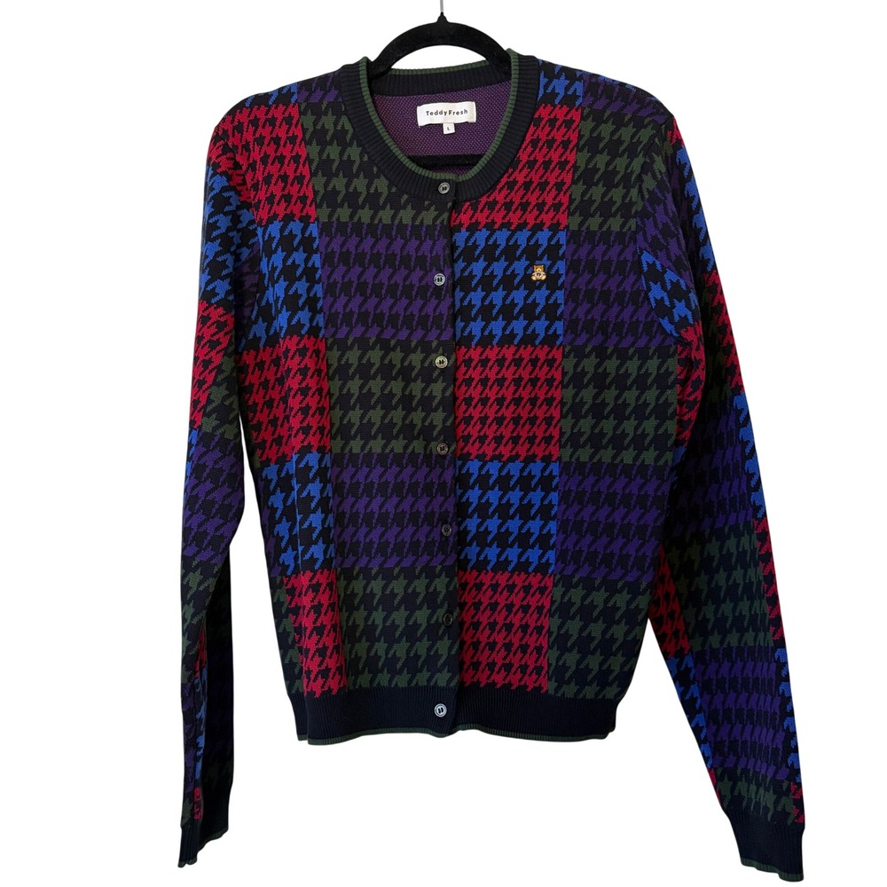 Teddy Fresh Houndstooth Colorblock Cardigan Sweater Women's L Multicolor EUC